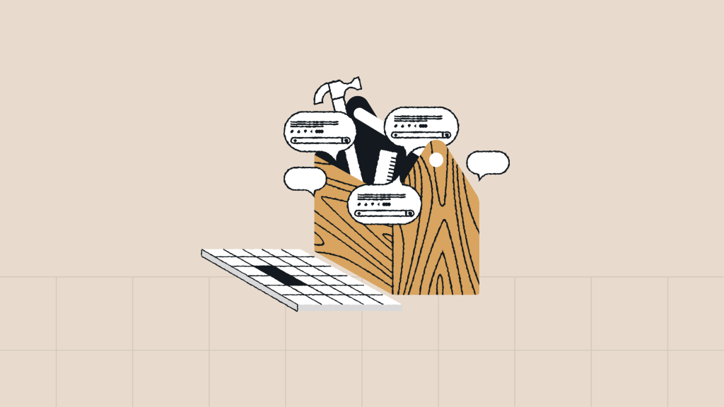 Illustration of a wooden toolbox filled with content and development tools — such as a hammer, comb, and interface panels — next to an open laptop keyboard, with chat bubbles around the tools, representing content intelligence tools for enterprise teams.