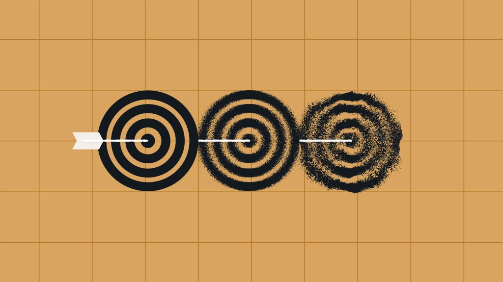 Illustration showing three side-by-side target boards on a gold grid background, progressing from a clean, sharp bullseye to increasingly distorted and fuzzy targets, all pierced by a single arrow through the center — symbolizing evolving clarity in measuring content marketing KPIs for executive reporting.