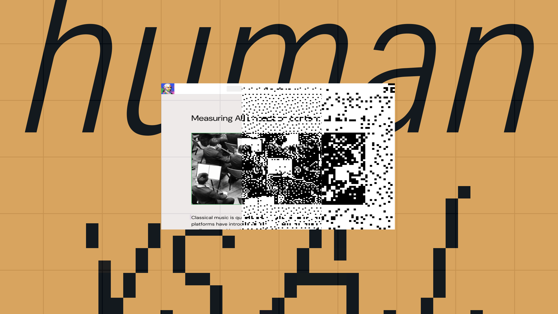 AI vs. human content performance comparison illustrated by a partially pixelated webpage overlaid with abstract data patterns, representing analysis and measurement of content performance.