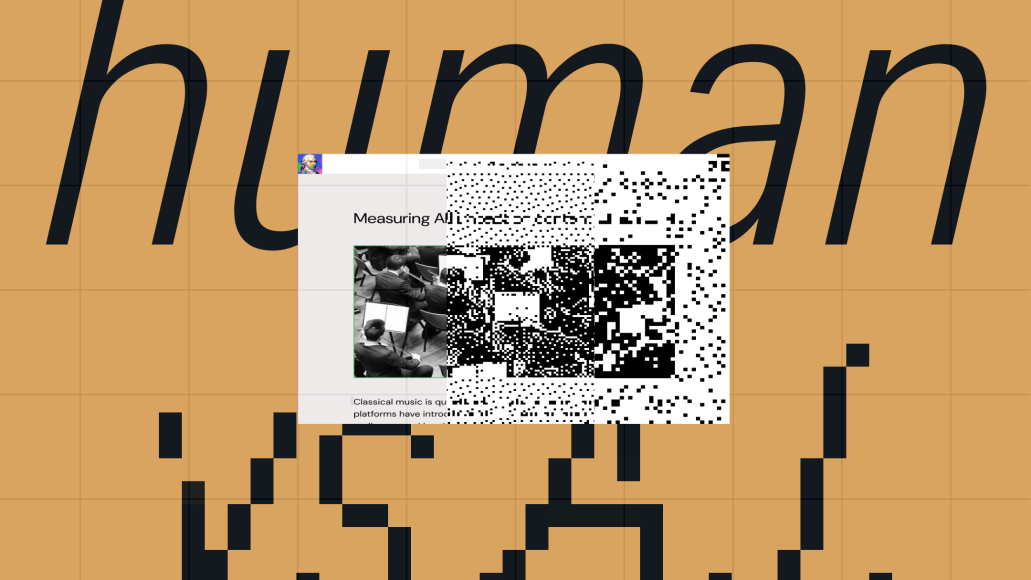 AI vs. human content performance comparison illustrated by a partially pixelated webpage overlaid with abstract data patterns, representing analysis and measurement of content performance.