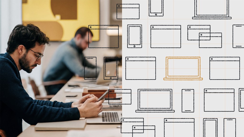 Person working on a smartphone and laptop at a desk, alongside illustrated device screens and browser windows representing omnichannel content management across multiple platforms.
