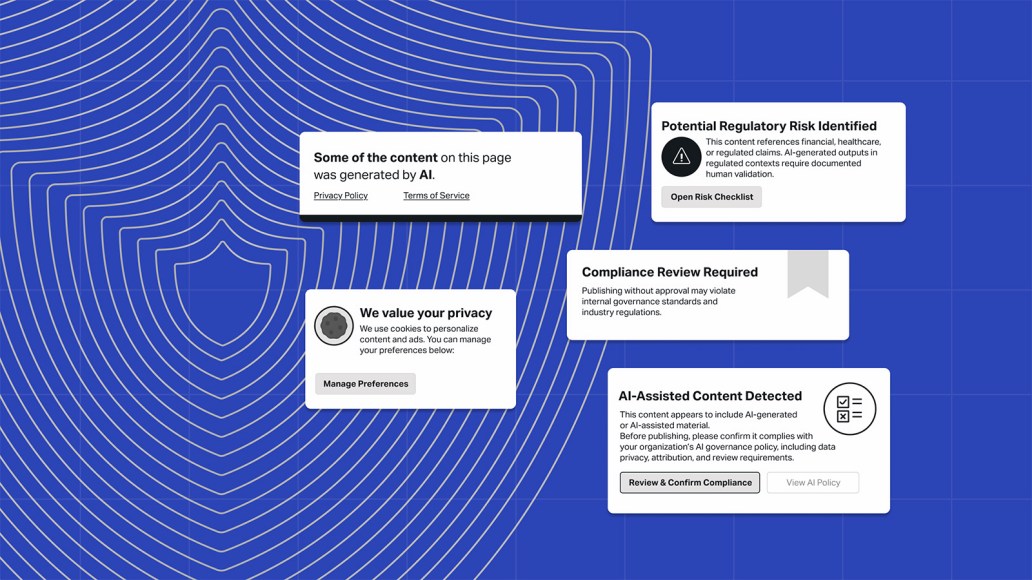 Illustration of enterprise AI content risk and compliance alerts appearing as pop-ups over a blue background with a shield and contour lines. Notifications include “Some of the content on this page was generated by AI,” “Potential Regulatory Risk Identified,” “Compliance Review Required,” and “AI-Assisted Content Detected,” with buttons like “Review & Confirm Compliance,” “Open Risk Checklist,” and “Manage Preferences,” representing AI governance for content and privacy, regulatory review, and risk management controls.