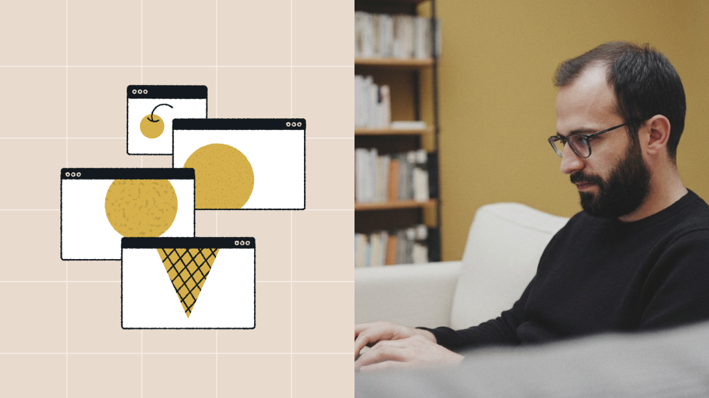 Illustration of modular browser windows with interchangeable elements, representing enterprise CMS personalization, alongside a person working on a laptop to symbolize engagement and content customization.