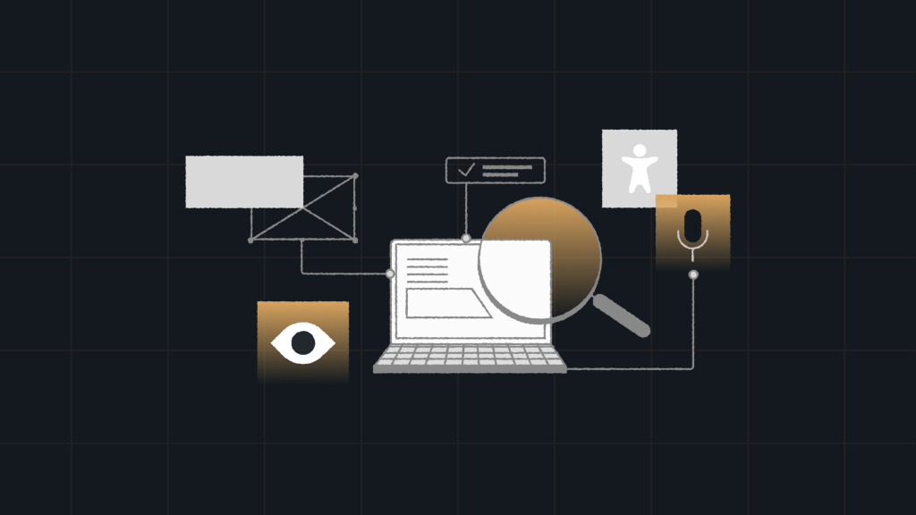 Illustration of an enterprise accessibility audit process: a laptop screen being examined with a magnifying glass, connected to interface elements and accessibility icons including an eye, microphone, and accessibility symbol, representing the review of visual, voice, and usability standards across digital content.