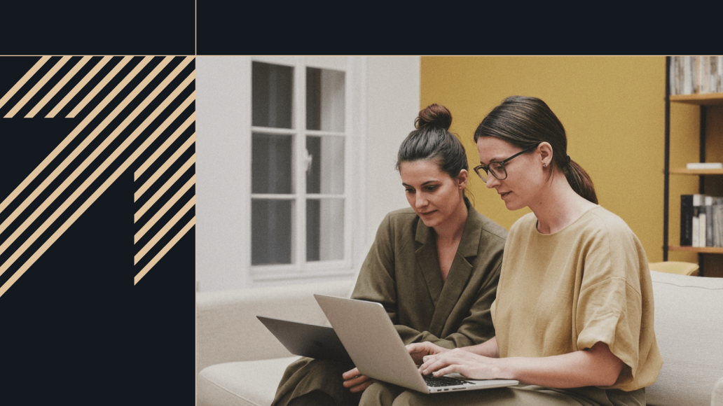 Two people working together on laptops, next to a graphic arrow indicating fast forward movement.