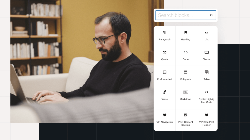 A person using a laptop, with a block-based content editor interface shown alongside.