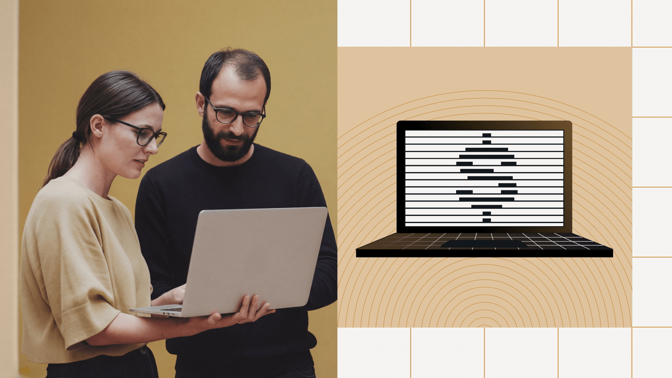 Two people review work on a laptop, alongside an illustration of a laptop with densely layered horizontal lines on its screen, evoking a complex, monolithic system.