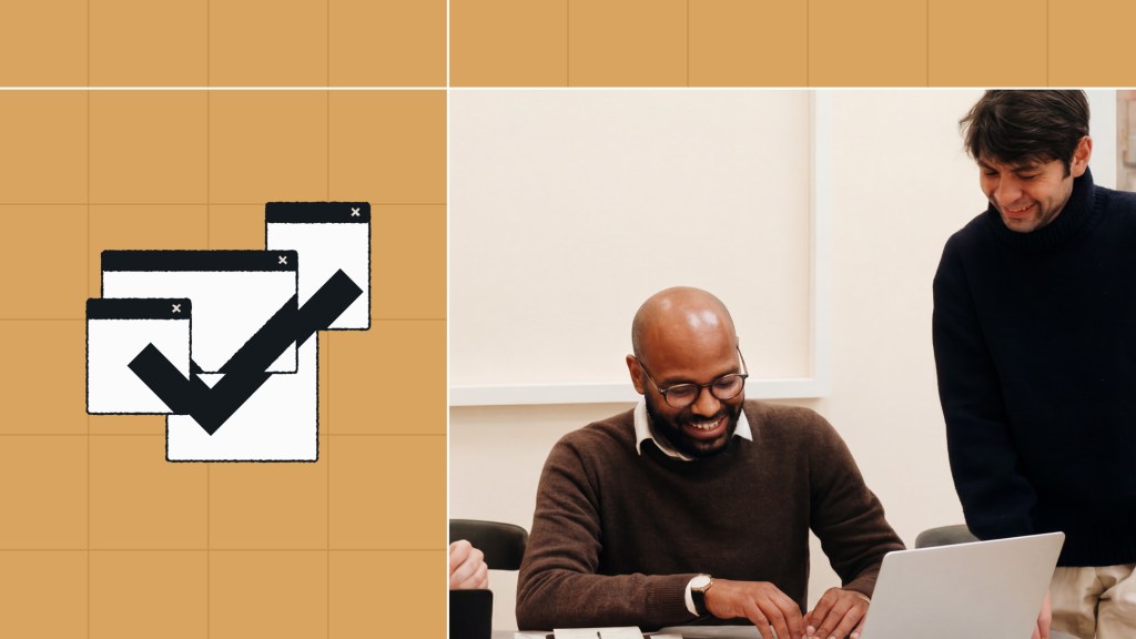 Two men smiling and working together at a laptop, with checkmark icons on a tan background beside them, illustrating teamwork in developing an enterprise content management strategy.