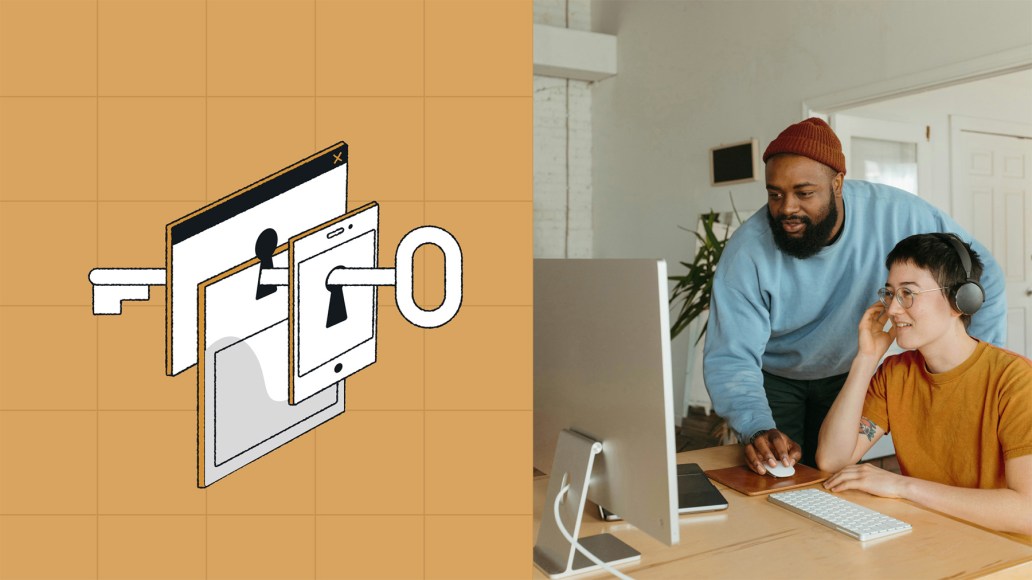 Split visual showing an illustration of a key passing through multiple interface layers (browser, mobile, and desktop screens) alongside a photo of two people collaborating at a computer, representing integrated workflows and teamwork in delivering omnichannel digital experiences.