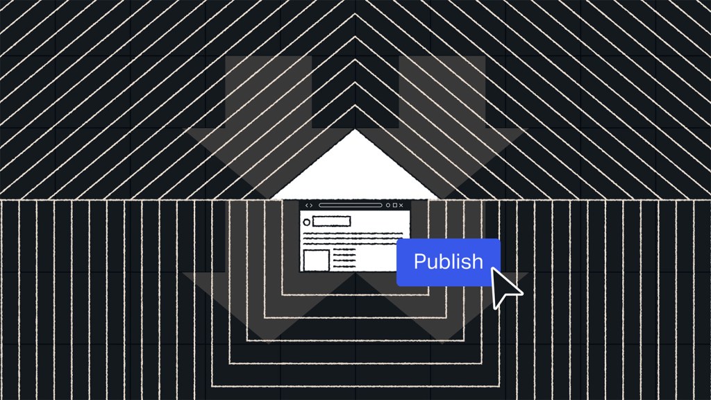 Abstract lines with a webpage and a cursor clicking a blue Publish button at the center, representing a headless CMS for enterprise.