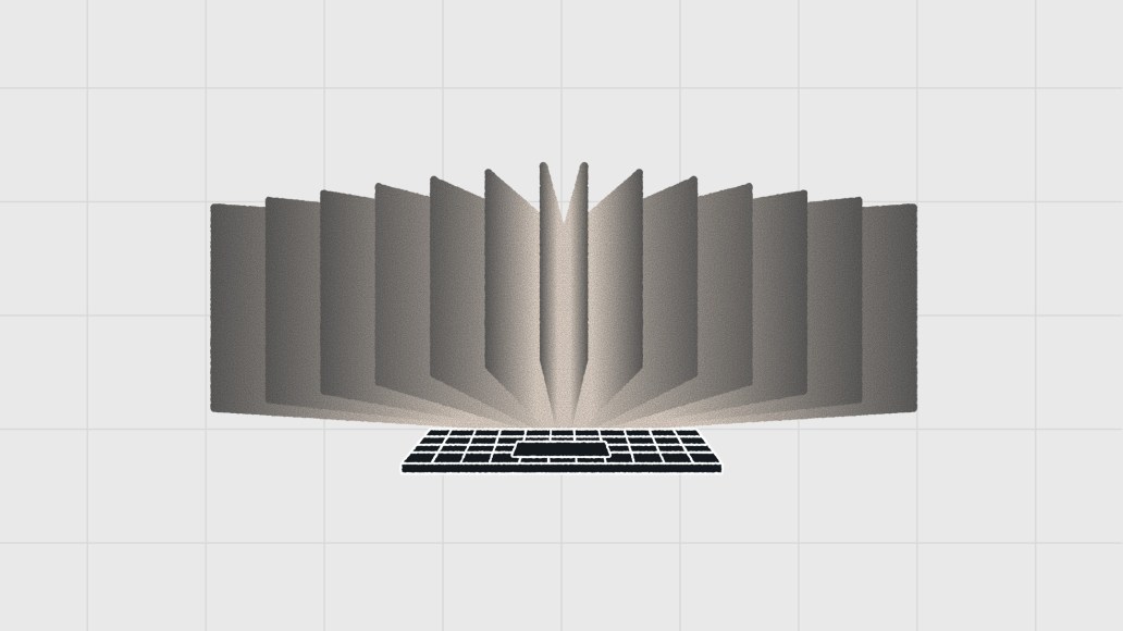 Illustration of a laptop with layered panels expanding outward like screens, representing headless WordPress for omnichannel content delivery across multiple devices.