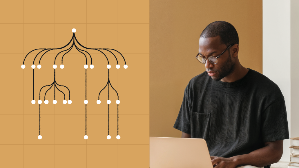 A man working on a laptop beside a diagram of a branching tree structure on a tan background, representing the decision process between headless vs hybrid WordPress solutions.