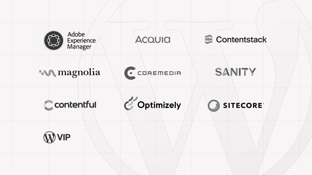 Logos of various enterprise content management systems, including Adobe, Acquia, Contentstack, Magnolia, and others.
