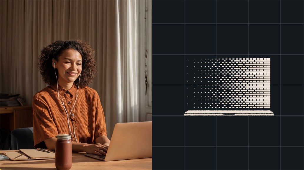 Split image of a woman working on a laptop and a pixelated laptop illustration on a dark grid background, representing headless WordPress tradeoffs and decoupled architecture risks.