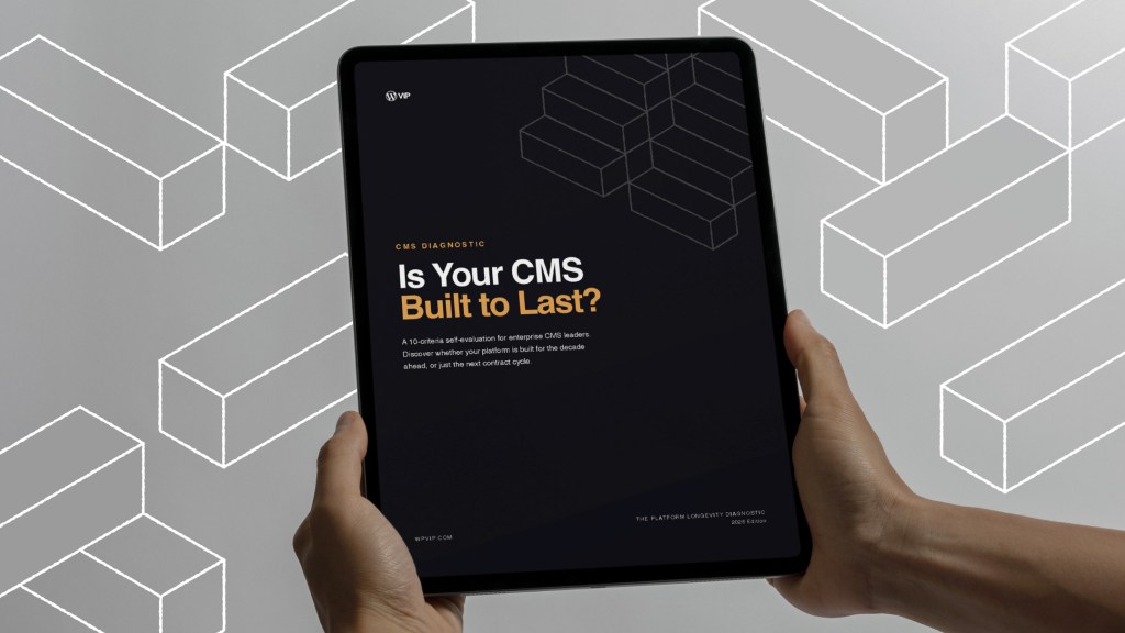 Hands holding a tablet displaying the text Is Your CMS Built to Last? on a dark background with geometric shapes, suggesting a CMS Longevity Diagnostic for future-ready solutions.
