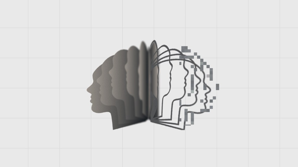 Multiple overlapping human profiles transition from solid to pixelated outlines, symbolizing agent experience in content operations and digital transformation.
