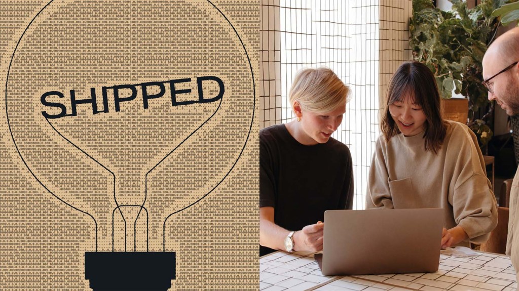 A graphic lightbulb with SHIPPED and three people collaborating at a laptop in a modern office, highlighting the power of Enterprise WordPress AI plugins.