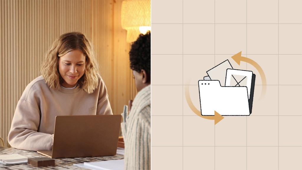 A woman using a laptop next to a child; beside them is an illustration of folder and document icons, symbolizing digital enterprise WordPress migration