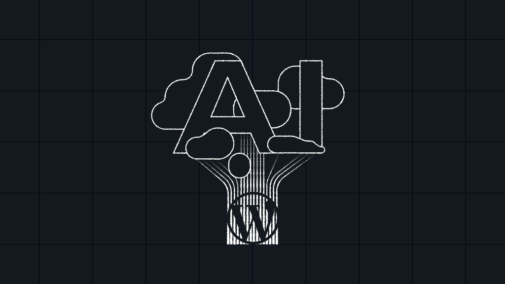Outlined AI text forms tree branches above the WordPress logo, resembling a digital tree on a grid background—symbolizing the growth and innovation of an enterprise CMS.