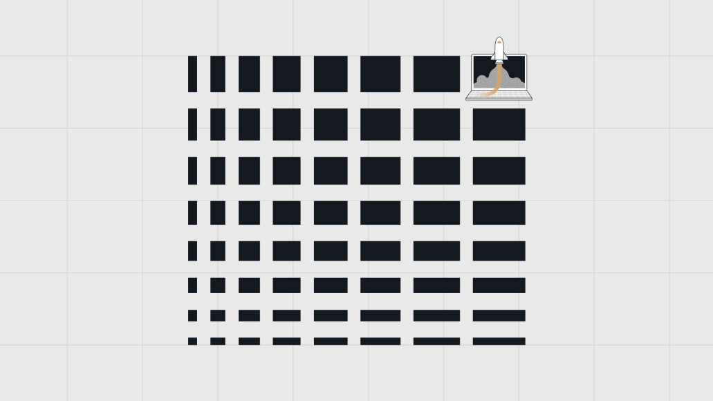 A rocket launching from a laptop above rows of horizontal black rectangles on a grid background, symbolizing WordPress Scalability: How to Scale for Enterprise
