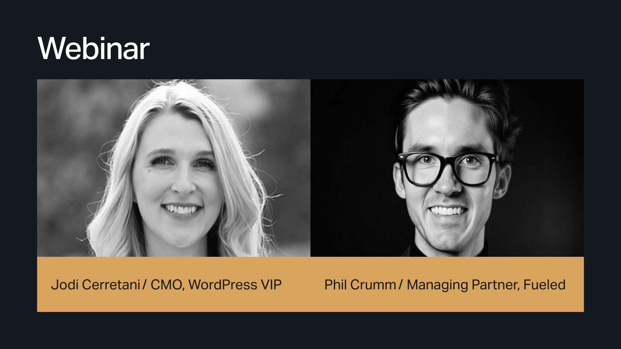 Two webinar speakers: Jodi Cerretani and Phil Crumm, shown in black-and-white headshots with titles, share insights on the Future of the Web 2026.