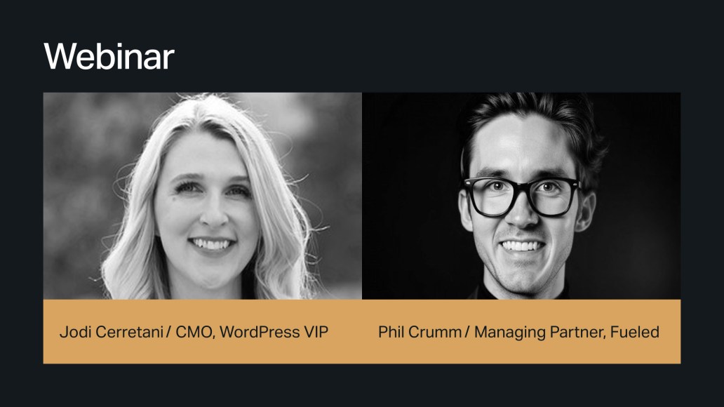 Two webinar speakers: Jodi Cerretani and Phil Crumm, shown in black-and-white headshots with titles, share insights on the Future of the Web 2026.