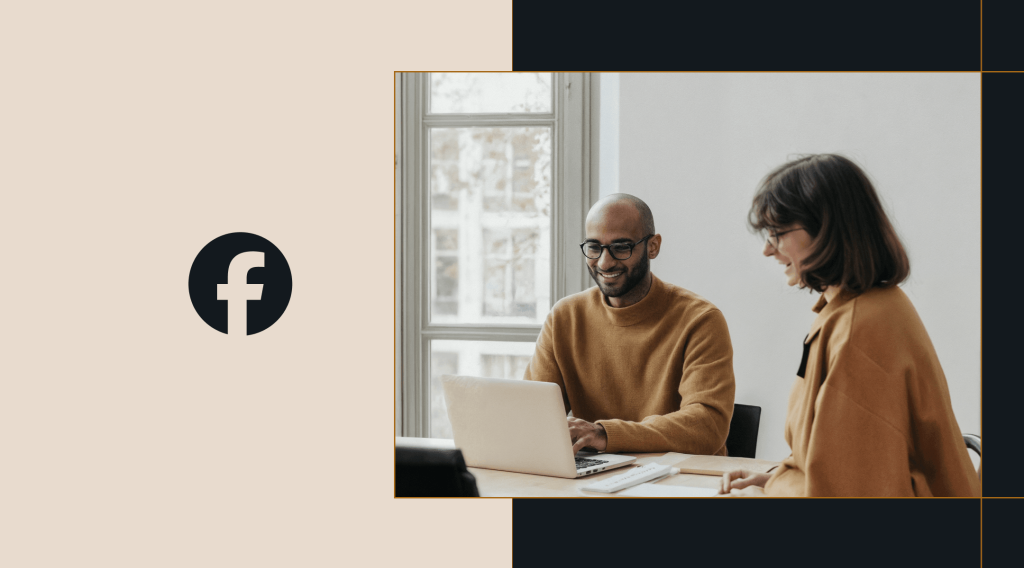 Two people in brown clothes working on a laptop at a desk, next to a Facebook logo on a split-color background.